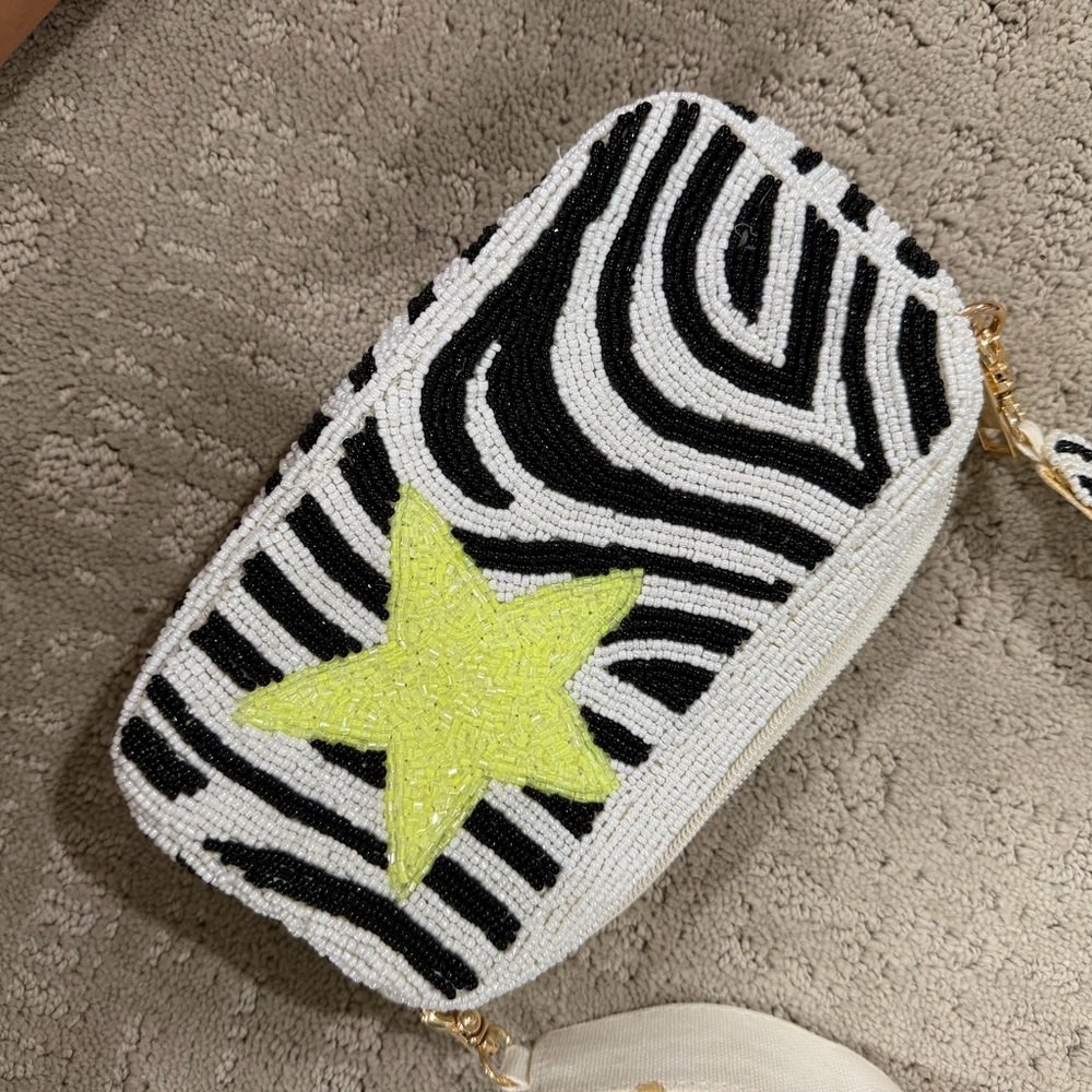 Beaded Zebra Star Crossbody Bag - White, Black & Yellow